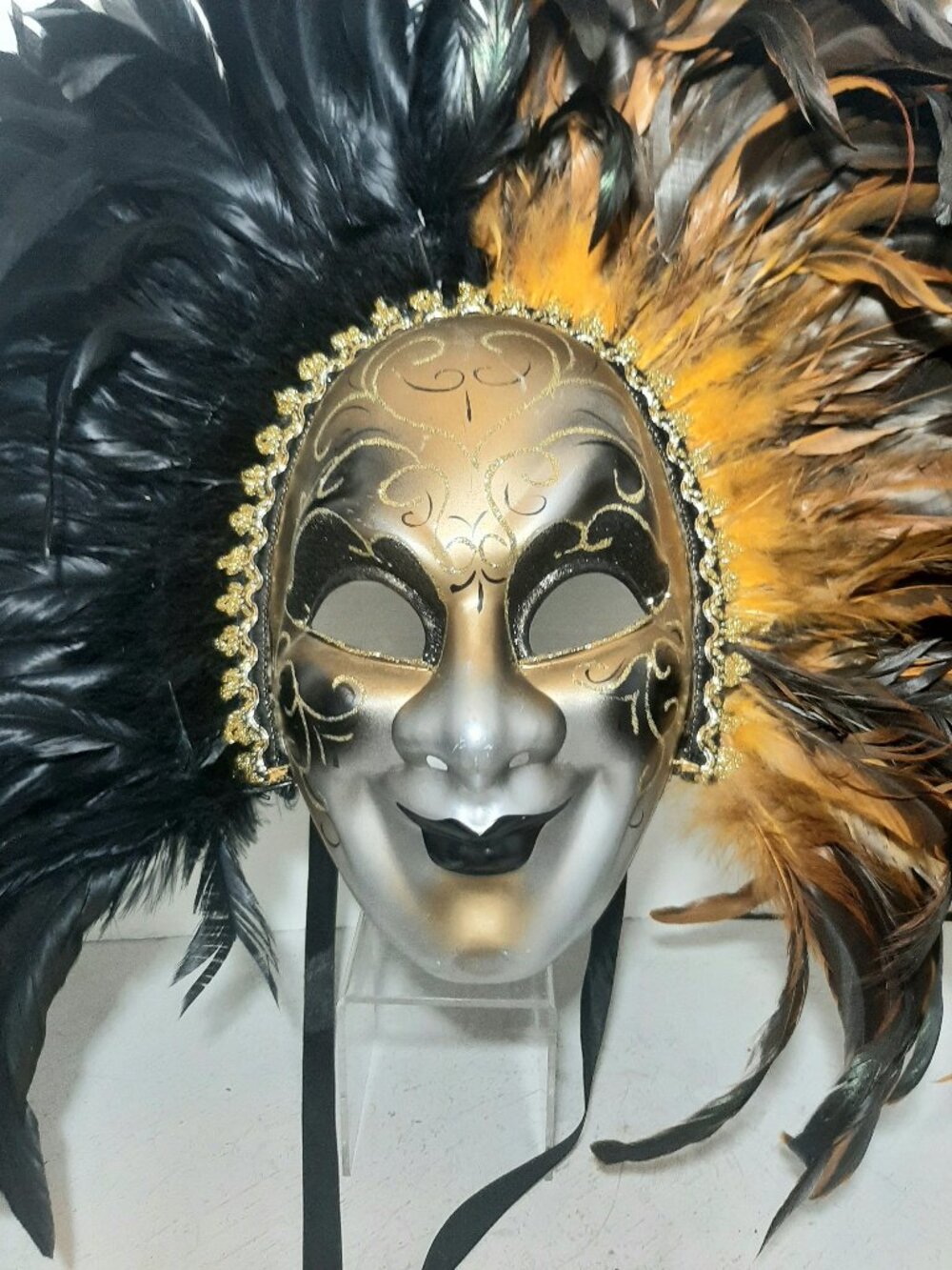 Black, Gold, silver and glitter Venetian Mask with incredible feathers